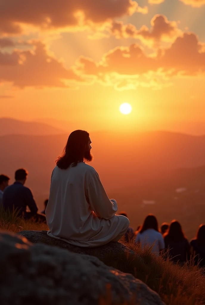 Jesus on a hillside sitting at sunset, with spectators attentive to what he says