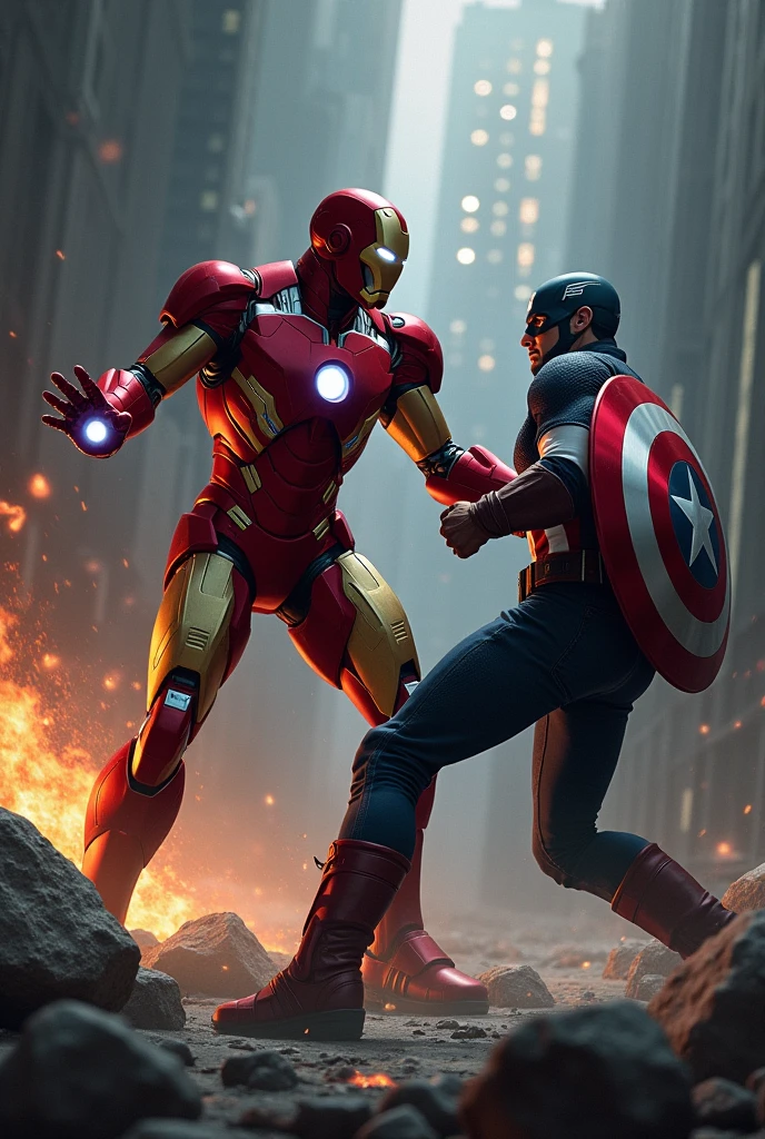 Iron man and captain America fighting on a dark background, Captain America's shield above