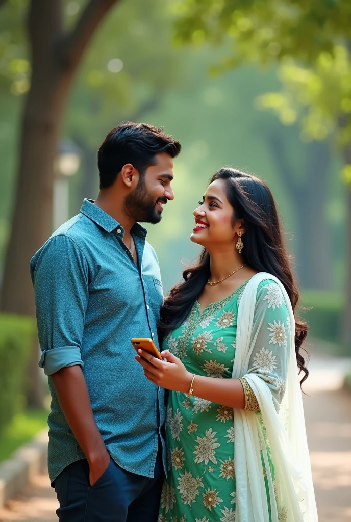 30 years old indian beautiful boy and 26 year old girl walking on beautiful sidewalk, looking each other with laughing, shes hand your phone, she is littel down in your wast. boy wearing blue and white dots printd shirt and The girl wearing green and white printed colour dress, with white dupatta on girl shoulders. She is looking so Pretty, cute, indian simple look, she is enjoying, red lipstick, big chast, wotch. High quality 4k pictures, full Blaring background