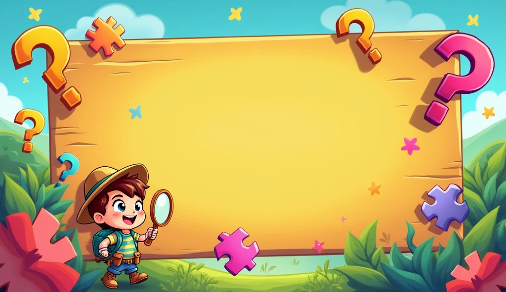 Create a vibrant and playful banner .' Include colorful question marks, puzzle pieces, and magnifying glasses to reflect the quiz and exploration theme. Use a bright, bold color scheme with fun patterns. Incorporate a lively, youthful character in an adventurous setting, creating an energetic and engaging vibe that appeals to a younger audience.