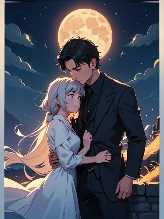 Movie Posters, full moon, Illuminated by moonlight, Romantic atmosphere, Starry Night, Fantasy, Light and shadow, Silence of the Night, Two people, secret, Soft Light, ephemeral