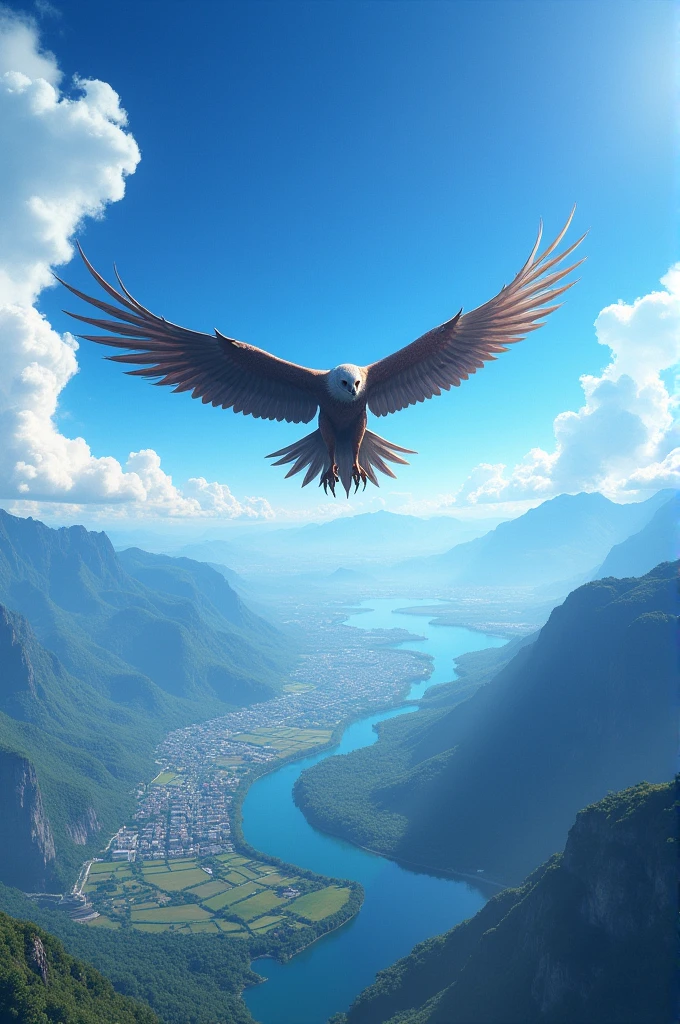 A bird flying high in the sky, with a wide view below it, as if it is looking at the entire world.