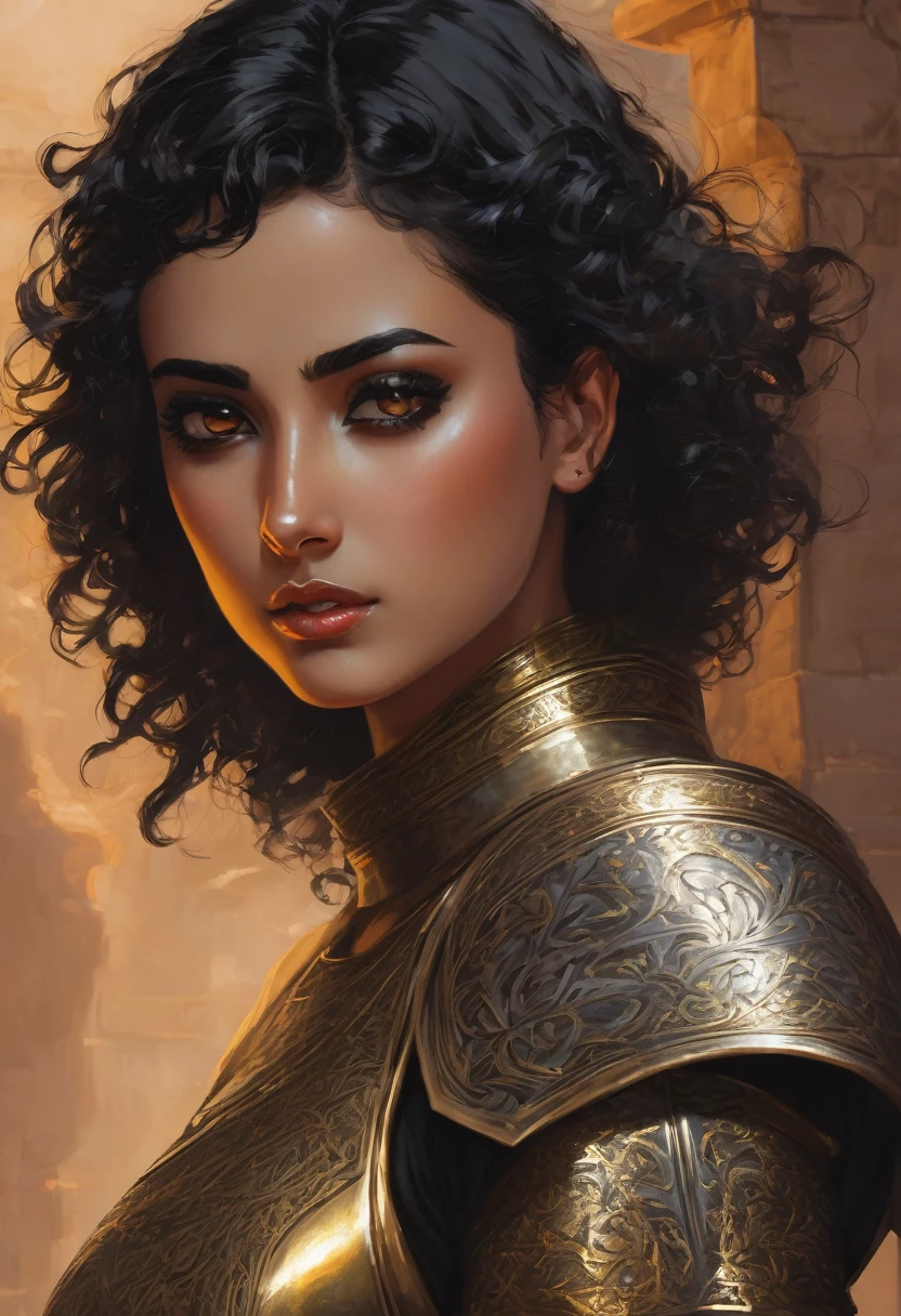 Arabian girl, short black curly Hair, in bronce armour, evil look