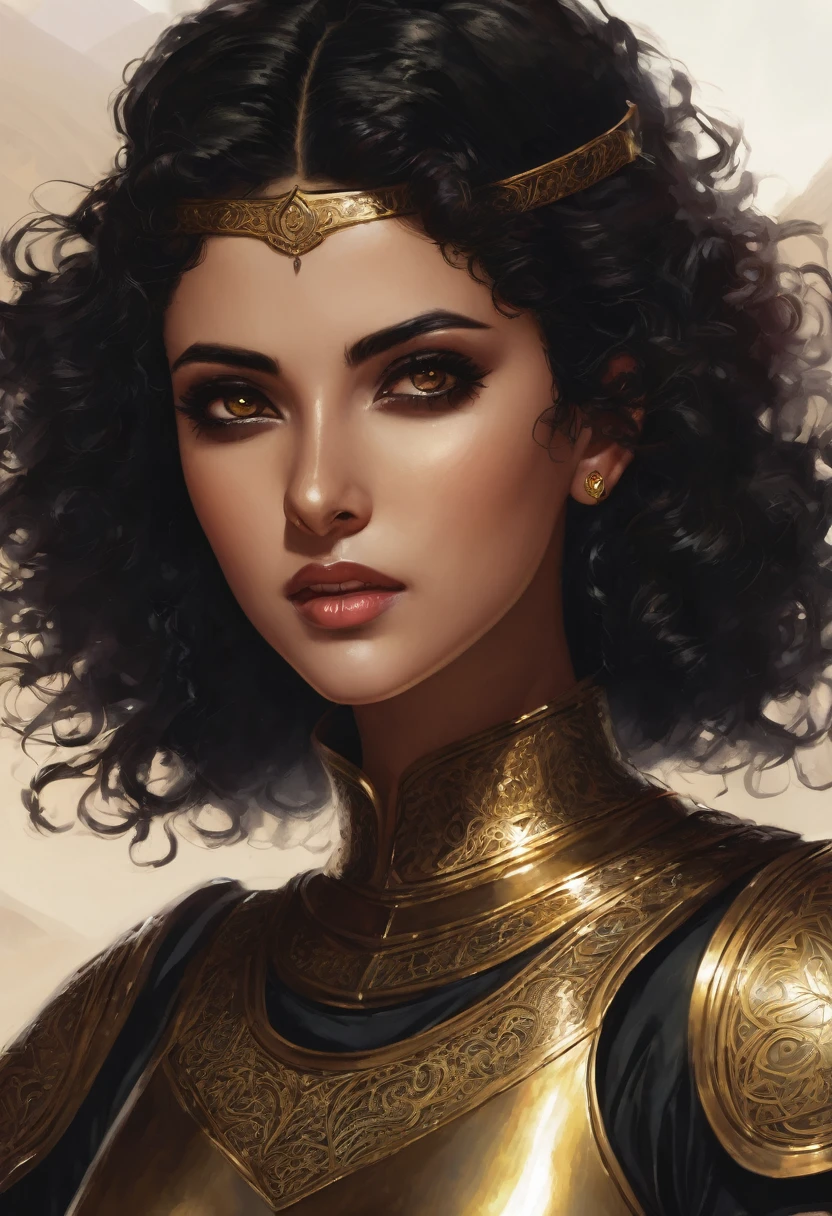 Arabian girl, short black curly Hair, in bronce armour, evil look