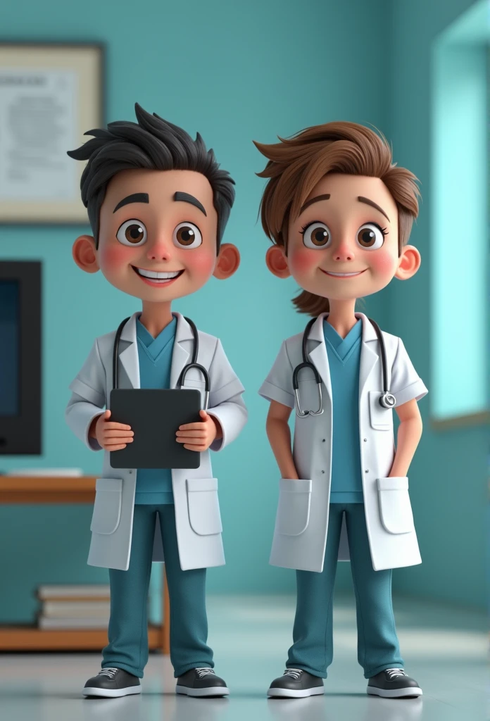 Cartoon Character Couple Of Adult Doctors Wearing Lab Coat And Stethoscope In A College , holding big tv monitor, an animated character, stylized character, animation style rendering, 3d stylized, , 3 d render stylized, adult render keyshot, 3d character, 3d character, 3d rendering stylized, 3 d character render, cartoon character, Personagem de close up, character posing, (Pixar-style) (bokeh) (best qualityer) (skin detailed) (detailed texture) (8k) (Argilla) (Cinematic lighting) (sharp focus,Sit down and lift your upper body