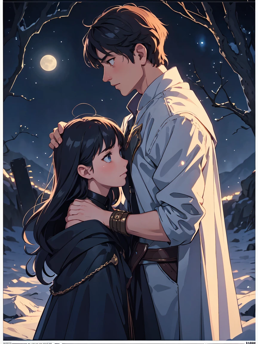 Movie Posters, full moon, Illuminated by moonlight, Romantic atmosphere, Starry Night, Fantasy, Light and shadow, Silence of the Night, Two people, secret, Soft Light, ephemeral