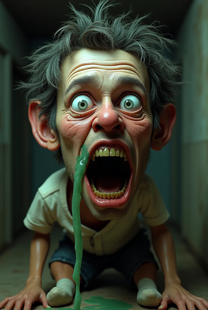 Generate an image of a man wearing very dirty and torn socks , do it with a surprised expression and with green phlegm running down its nose , make him human