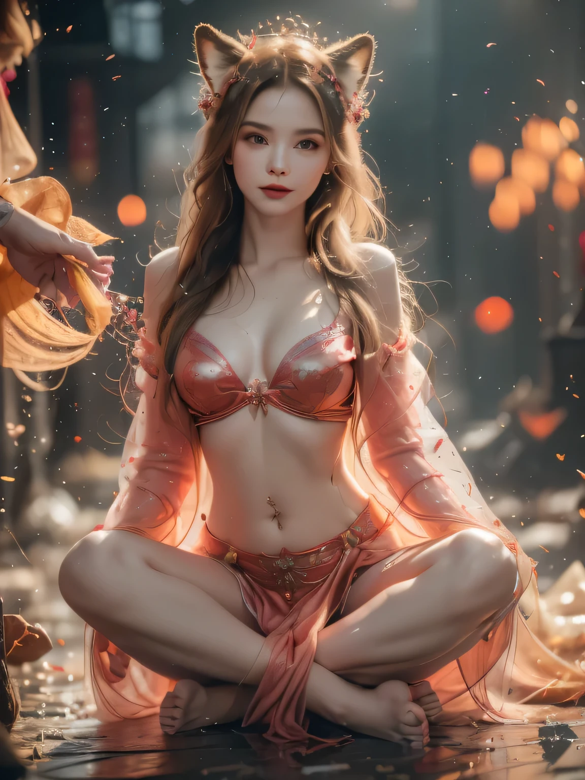Lotus pose girl full body photography,Anatomically correct,Raw, Filming, (Be focused:1.5), (Reality:1.4), Dusk lighting, Volumetric Lighting, Ultra-high resolution, 16K,Dramatic Lighting, White background:1.5)(tangled,Mandala,dispute,Entanglement:0.7)Fox Demon,Fox Mask,short jacket, Foxfire Curse, fox family, Transformation, Depth of Field, Dreamy atmosphere, The most beautiful chaos, grace, Brutalist Design Dark Theme, Flower of Death, Flowers of ecstasy,Glowing Line,Glow Example,Tracking Example,flash, Backlight,translucent,Light Particles,HILL,exit