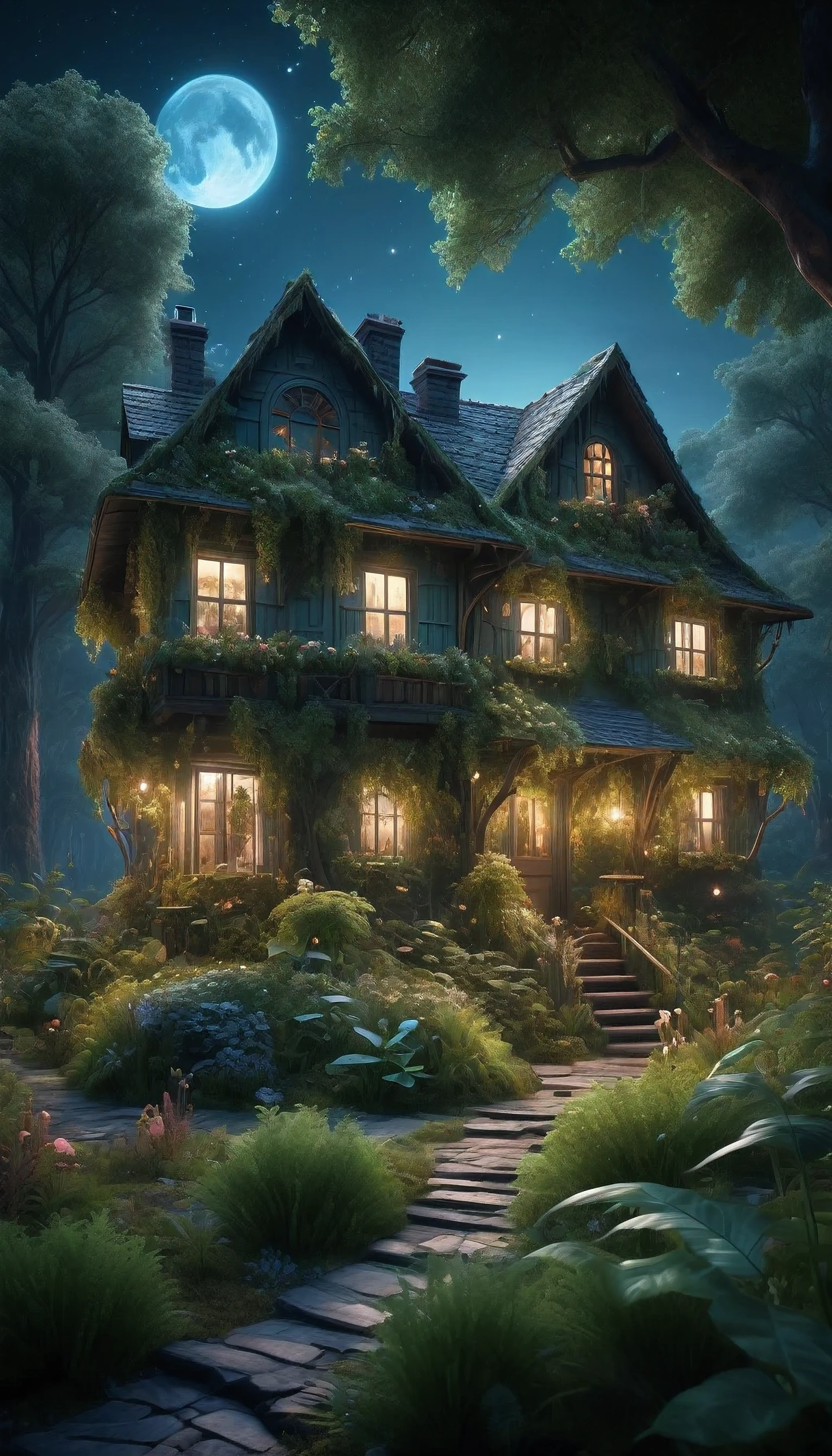 Ultra realistic ultra high resolution ultra high definition ultra high quality intricate details octane renderings cinematic shot a night scene in Ethereal Forest , with magical glow trees & plants , Magical animals wandering , magical Unic house ,