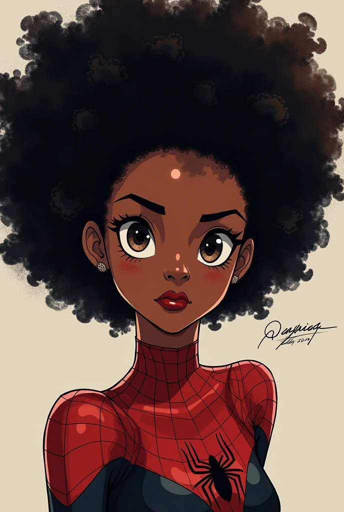 Spider-woman from the movie Spider-Man with afro features, drawing of just her face with a small spider tattoo on her face showing off her hair with anime-style eyeliner