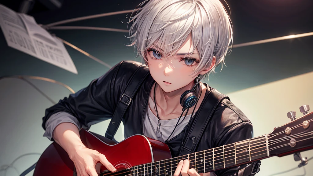 A man with short silver hair and slanted eyes sings while playing the guitar.、microphone、headphone、Yandere
