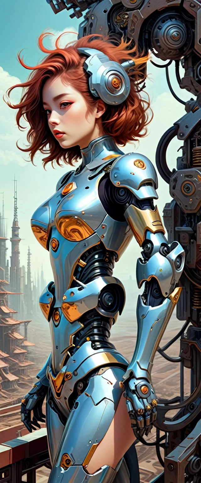 Intricate illustration in surrealist art style,mecha girl,