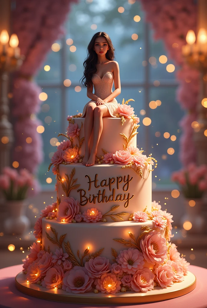 **Prompt:**

A beautiful young woman sitting on a large, ornate birthday cake, surrounded by sparkling lights. The cake is decorated with flowers and gold accents. The text "Happy Birthday " Sadiya Apu" is written in elegant script on the side of the cake. 
