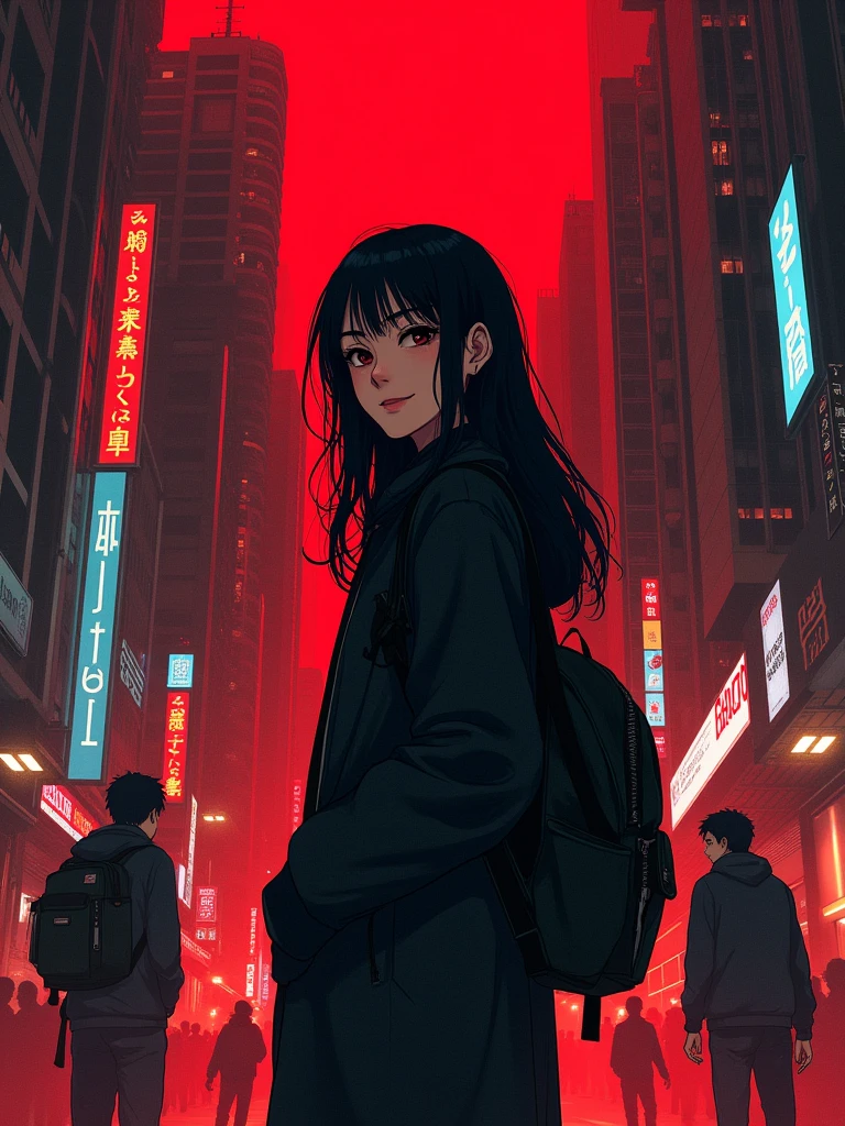 Design a cover for a dark fantasy psychological drama light novel set in Rio de Janeiro in 2050, with a style similar to "inuyasha" ou "Yuyu Hakusho", showing a smiling Japanese ager holding a backpack with long black hair in the foreground, while in the background other characters fight; use a red and black palette, and put the title in a box in the upper right corner.