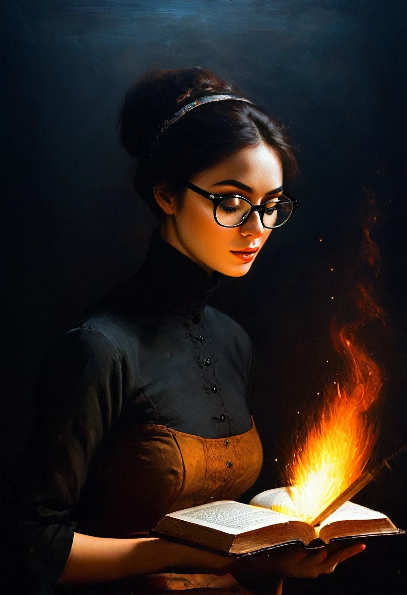 painting of a woman, sitting on a book, mathematical formulas, one pair of glasses, holding a fire rule, HD lighting and dark )<=(epic image quality)dark atmosphere with bright particle light(many effects in background, Background formula.void,black hole, dark atmosphere, cinematic scene, volumetric lights, ultra realistic, in the style of nicola samori