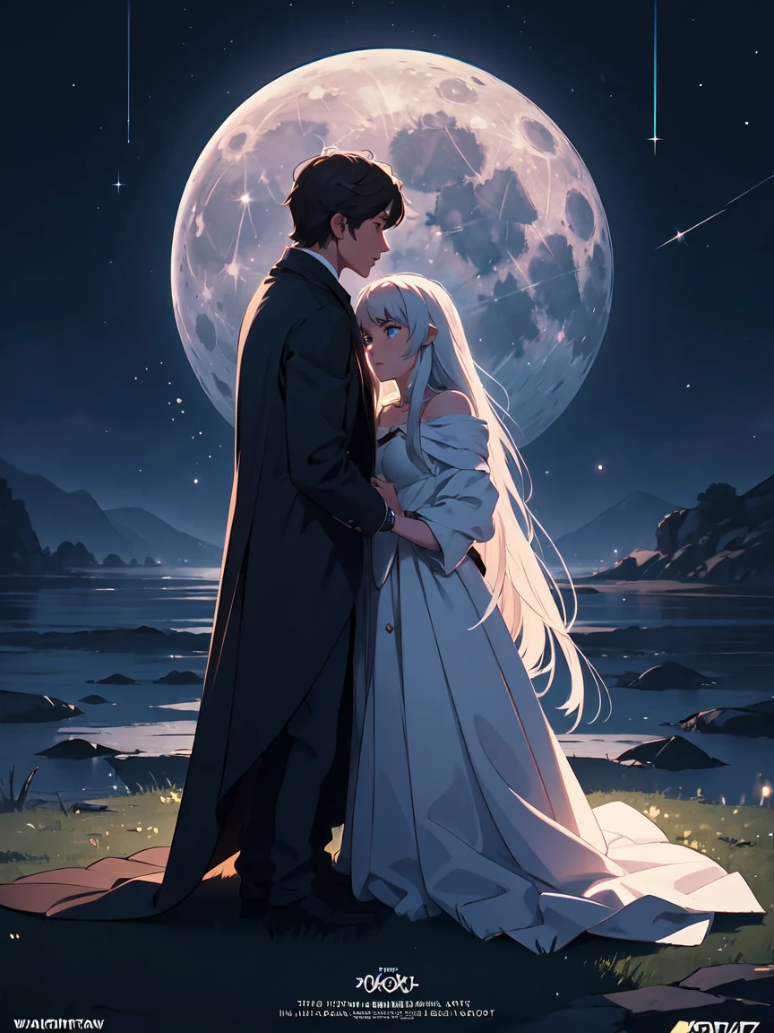 Movie Posters, full moon, Illuminated by moonlight, Romantic atmosphere, Starry Night, Fantasy, Light and shadow, Silence of the Night, Two people, secret, Soft Light, ephemeral