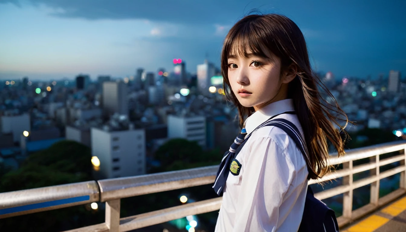 The Japanese teenage girl in a school uniform stands on a pedestrian overpass overlooking the city. She puts her phone away and looks out at the cityscape. The camera circles her as the city lights behind The Japanese teenage girl in a school uniform blur and shift, creating a dizzying effect. Her expression gradually changes from melancholic to a hint of a fierce, determined look.