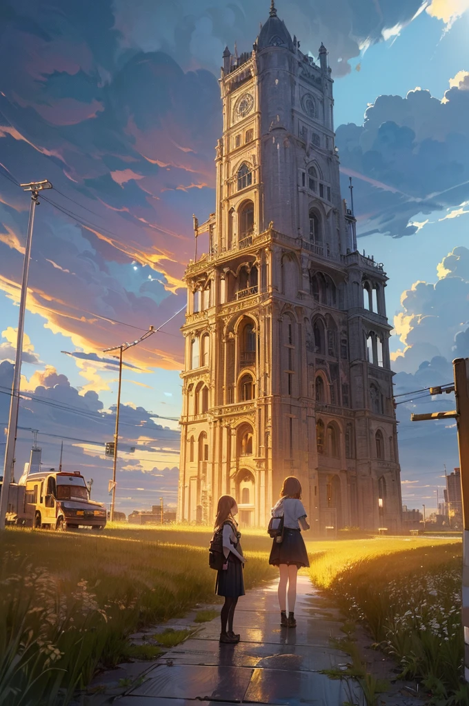 extremely detailed, 8k, highest resolution, (outdoor, in an old subway station, teenage girl, looking up to a tall timber tower,(sky golden day, clouds circling a tornado,) (dynamic angle: 1.5, directly below, shot: 1.5, directly behind the girl