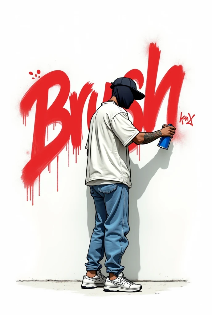 A person spray-painting the name Brush , Cartoon, with baggy clothes , With Cap Back  , on a white background , tattoos on right arm , White sneakers, loose jeans, face covered, cap on backwards, white blouse , man 
