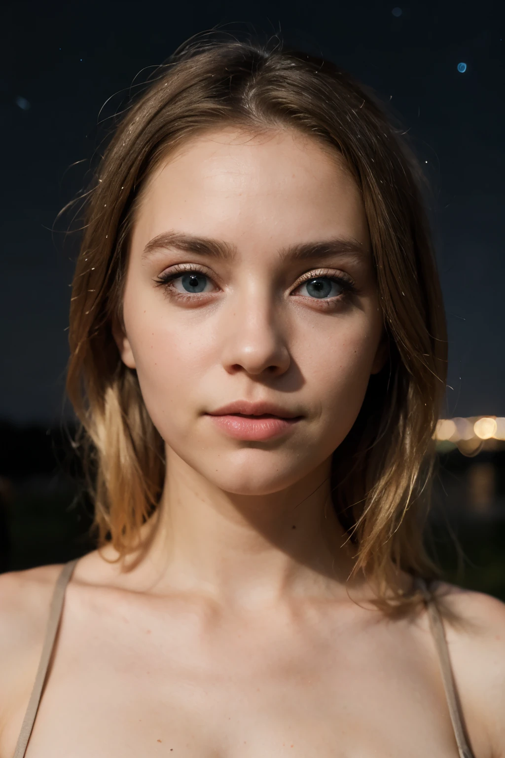 "Create a dreamlike, surreal portrait of a 30-year-old woman with blonde hair and blue eyes. Her face should be half in shadow and half in light. Use a starry night sky as a background."