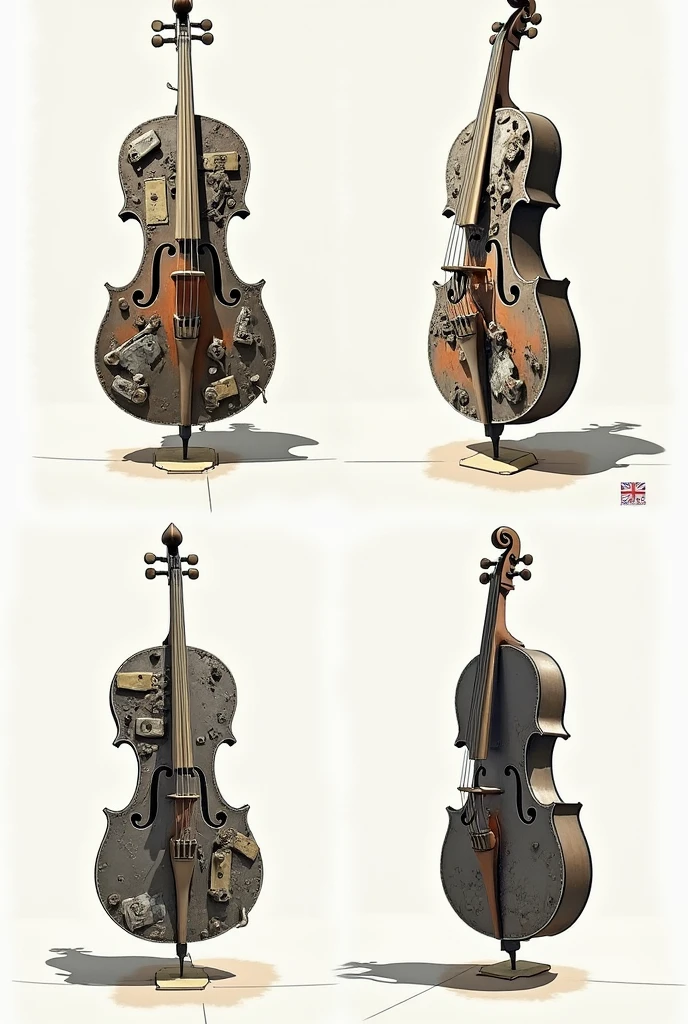 Sculpture in recycled music material, four sketches, head on, posterior, and sides the same sculpture, that has musical figures