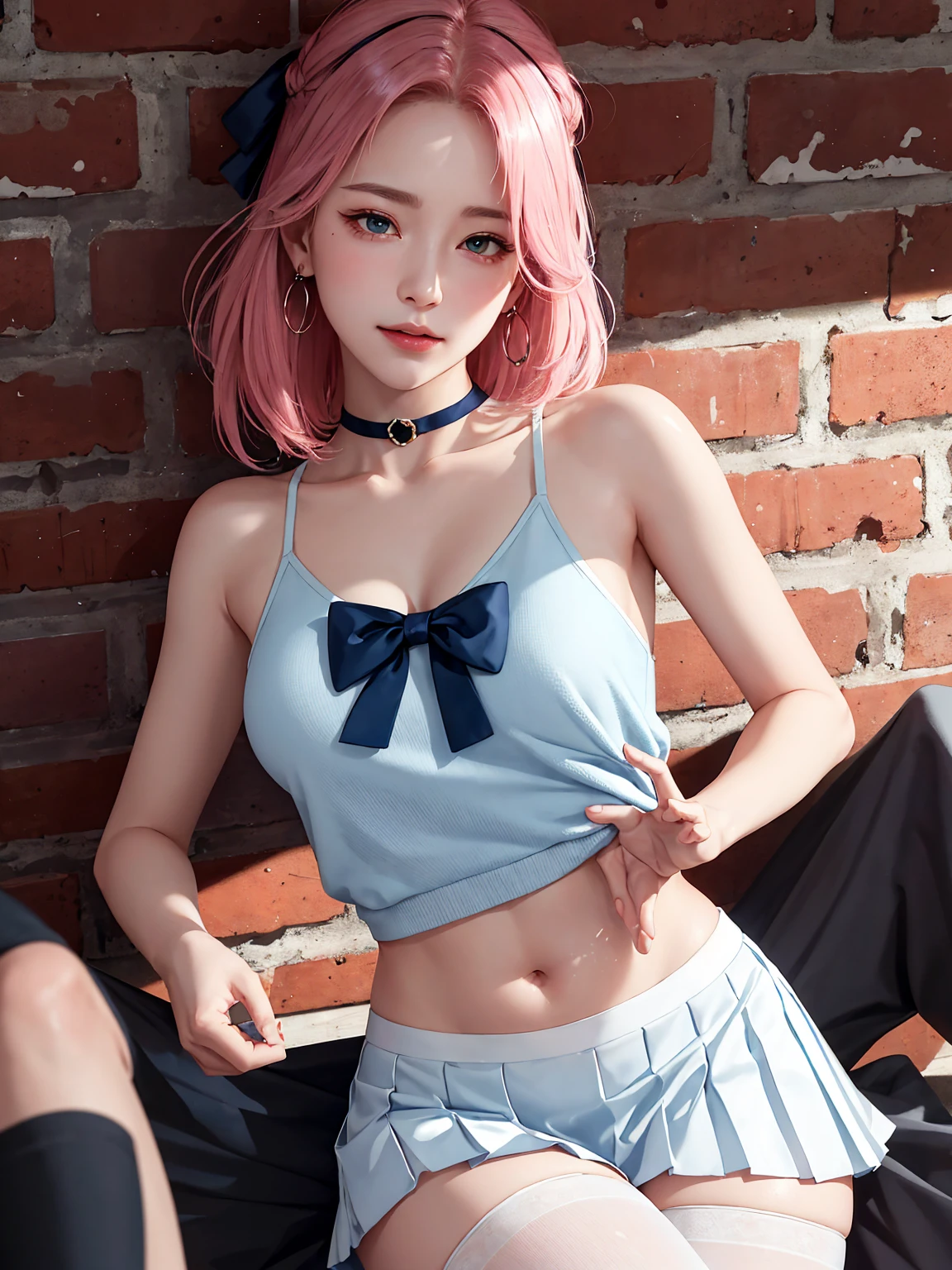 (Masterpiece, best quality, 1 girl, alone, complicated details, Chromatic aberration), realistic, ((Moderate breath)),long hair, pink hair, Red headpiece, Pink Highlights, hair on one eye,purple eyes, earring, sharp eyes, choker, Neon coat, She wears a collar, bangle, and kimono style garters., crop top, (symmetrical eyes),(Perfect symmetrical body),against the wall, Brick wall, (colorful graffiti words on the wall:1.2), The light is dim., alley ,Look at the viewer.、Dig the chest、smile、(sleeveless、Navel touch、Fitted turtleneck.)、street string hot pants、Thin bottom、Please build above the eaves..、Thin shoulders、High resolution、High resolution、in 8K、RAWphotographgraphy、Highest quality、masterpiece、Tabletop、erotic、student、Light green Bra,White skin,knees,(Skin-colored pantyhose),Detailed Panty Pattern、Panty Focus、Pink Panties、absurdes,Small face、Big Breasts、Part the front hair from the middle、The forehead is visible,(Cold look<Squinting my eyes,Glare,strong,Light anger)、masterpiece,Highest quality、超High resolution,RAWphotograph,only,Beautiful poop,one person, one personで,Dark look,Small breasts,whole body、very nice、ＪＫ ,high school girl,Japanese women,Are standing,（Realistic：1.37）、Photon Mapping,Light blue ribbon,Realistic、Cute Face,Brown eye、Black socks、22 years old、(Red bow tie)、Radio City、Physics-based only dulling、prospect、Written boundary depth、Blurred Background、photograph,girl、body,Beautiful legs, Long legs, Thin legs,Long Bob Cut,(I can see the front hair), hair, lips, green_eye, Nose Soft,(Light blue shirt), (Navy Pleated Skirt), I can see the knees,See-through clothing,, thigh, black cotton socks,Nogizaka Idol, , Japanese Ido、Sparkling eyes、Glossy lipasterpiece, highest quality:1.2), 8K, young beautiful girl, 85mm,Official AR RAW Photos, baby face、big breasts、show me your ears、photo shoot, cute face, thighs, After school classroom, looking at the viewer, embarrassing、smile、no makeup, film grain, chromatic aberration, sharp focus, face light, clear lighting, Ten 