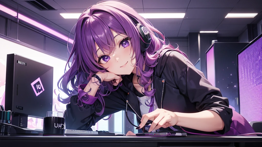 (UHD, textured skin, high details, best quality, highres, 1080P, 4K),purple hair, headphones, aqua eyes, purple eyes, light smile, hime cut, curly hair, anime, anime style,Working on a computer,The dog is sleeping.,She's sitting at her desk.