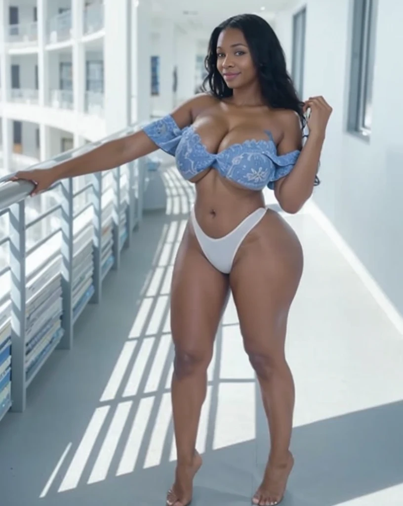 1womanl, 35 year old, black, Brazilian, blue colored eyes, face photo, ssmile, ((corpo sexy)), (((big boobies))), inside a library, ultra realisitic