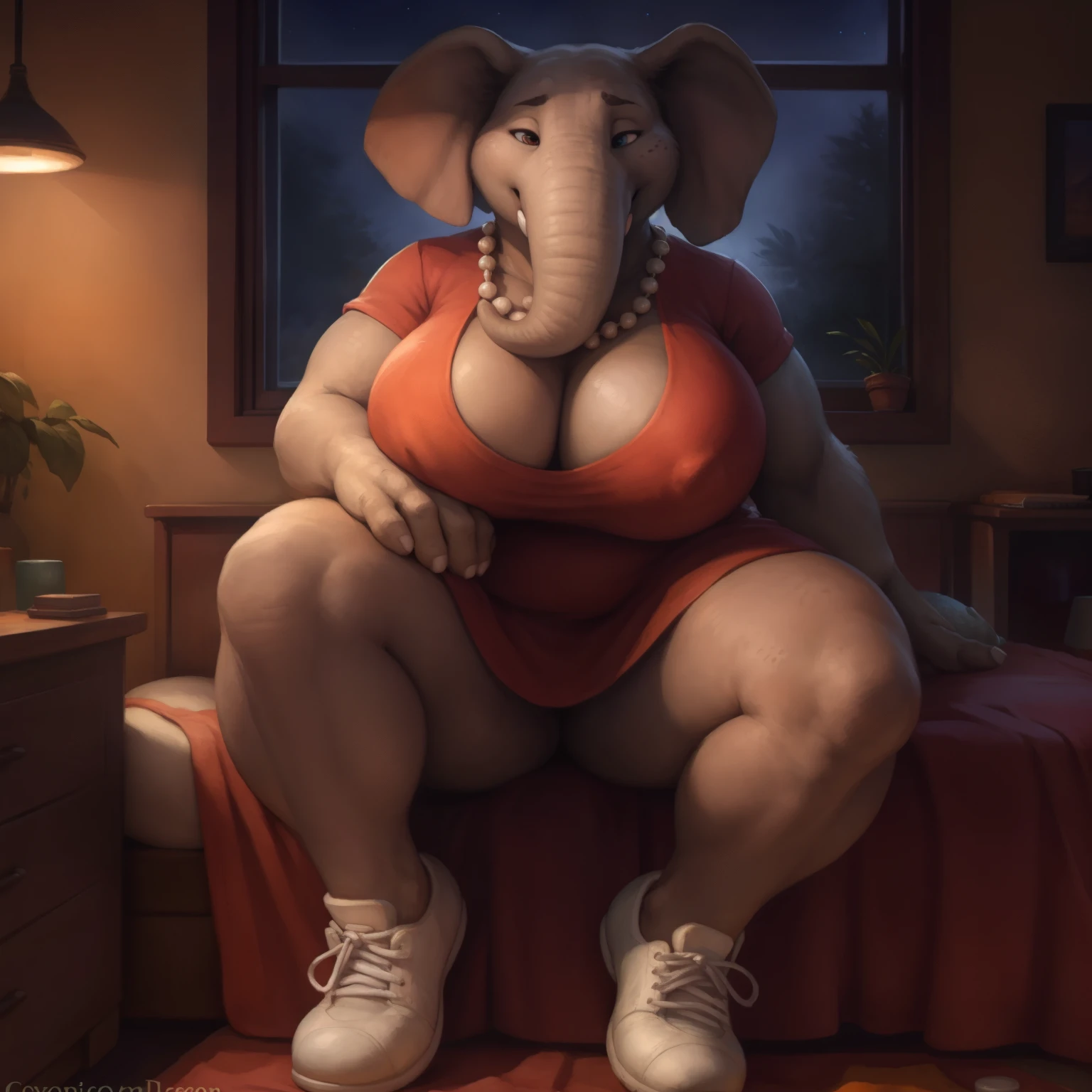 ultra detailed), a beautiful and detailed full size portrait of a female anthro elephant, meena's mother, non-mammal breasts, roar view, big body, sexy body, goddess, wide hips, kenket, Ross Tran,ruan jia, trending on artstation,foxovh, cenematic lighting, night, big butt, big breaths, big boobs, White beaded necklace, Red shirt, Pink skirt, White shoes, detailed background, night, looking pleasured, looking at viewer, sitting on bed, bedroom, front view,