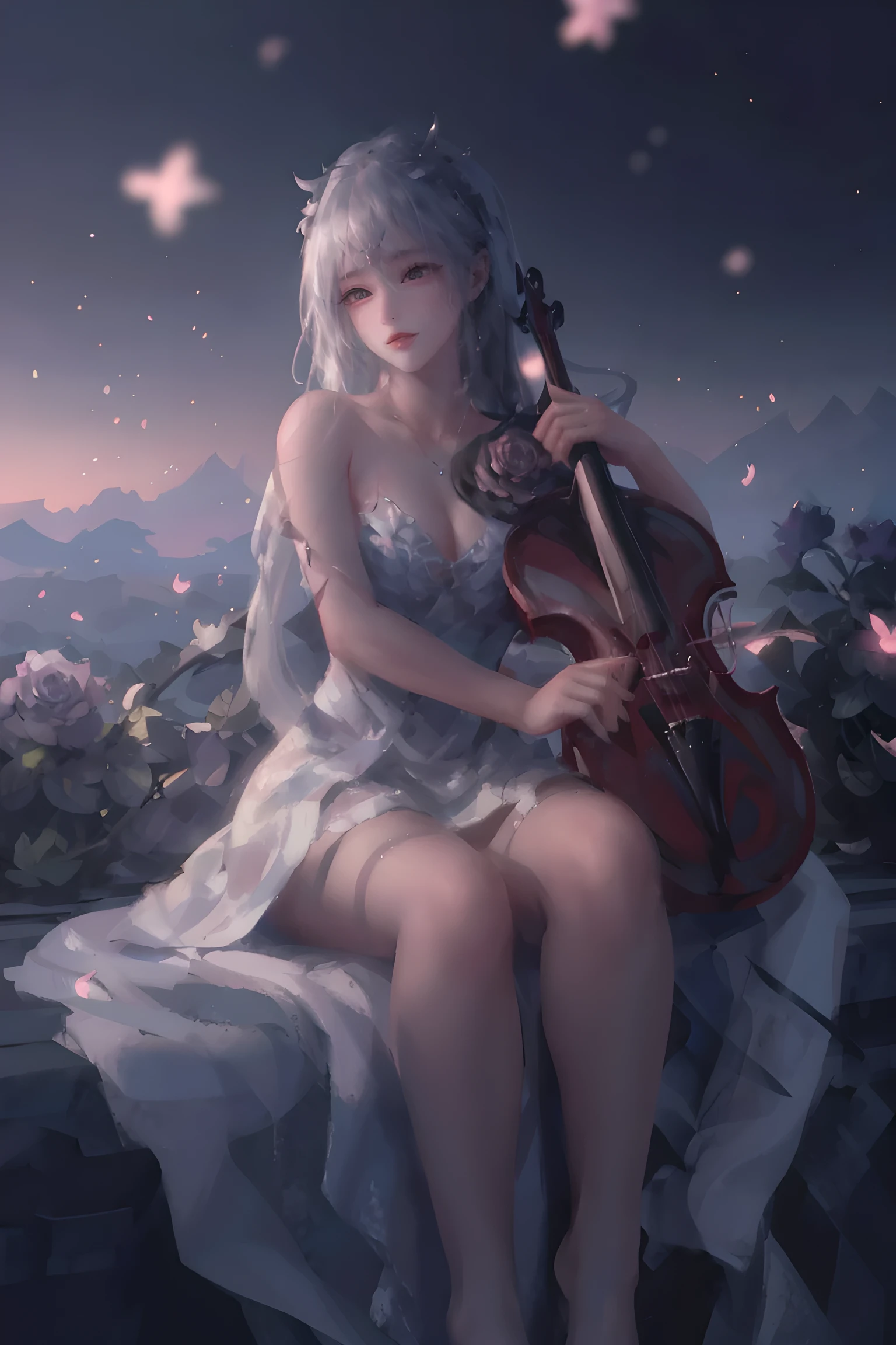 Raw, cinematic shot, (sharp focus:1.5), (photorealistic:1.4), twilight lighting, volumetric lighting, ultra high res, 16K,dramatic lighting, 1girl, solo, long hair, violin, instrument, black eyes, dress, white dress, white hair, looking at viewer, light particles, closed mouth, indoors, jewelry, sleeveless, bare shoulders, bangs, head tilt, black rose, beautiful detailed eyes, detailed background, amanhecer, cloud, flower, sky, scenery, day, grass, outdoors, blue_sky, field, cloudy_sky, horizon, hydrangea, water, ocean, mountain, blue_flower, flower_field, bird, The black bow on the head, qingsha, plyaing violin, harp, sole, foot focus, violin,