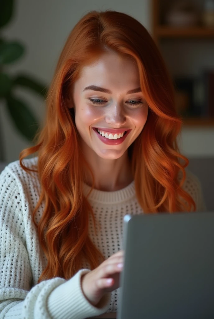 A radiant smile illuminates the face of the AI influencer, with long red hair, Ultra high definition images of our digital AI influencer, smiling as she interacts with modern technology in her home.
