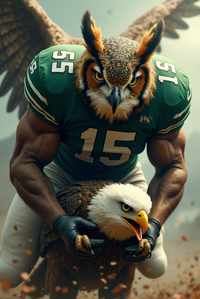 An owl with a green shirt with the number 15 crushing an eagle