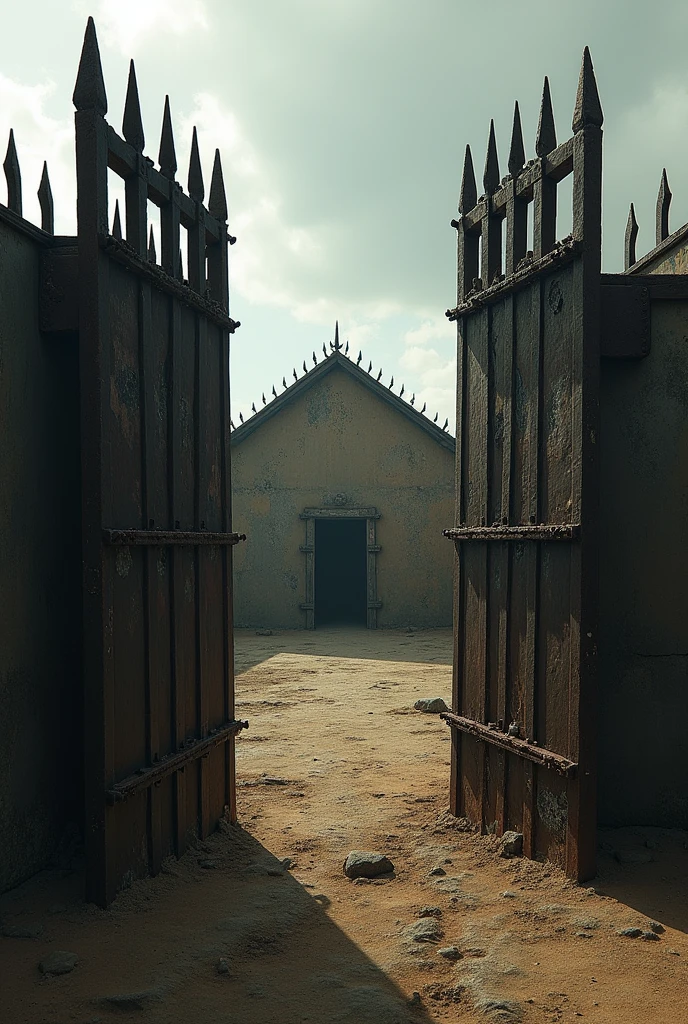 Slave quarter surrounded by iron gates with spikes on top