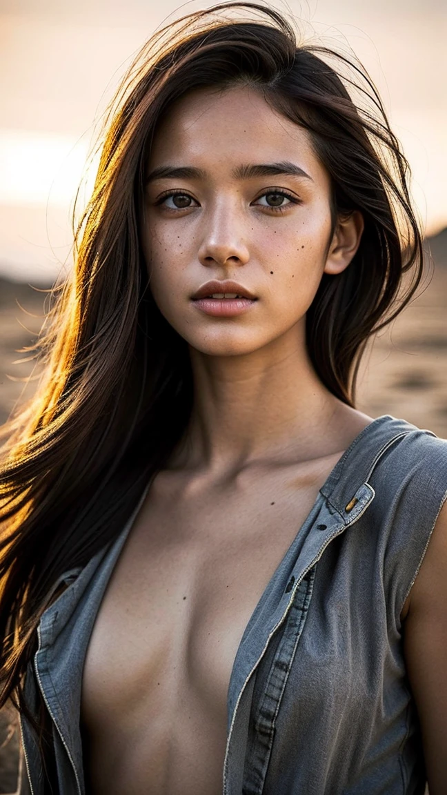 masterpiece, Transition to a desert landscape at sunset, a lonely figure, A beautiful 13-year-old American ager emerges wearing beautiful post-apocalyptic nomadic clothes., White skin, by rubio, gray blue eyes, Freckles in the face, slim body for running, small breasts, Very detailed face, ultra realistic face, very beautiful face, clean but tired face, post-apocalyptic clothing. Layers of tattered fabric, unconventional accessories, and a worn appearance create an aura of survival and resistance., 16k, ultra high resolution.photorealistic, HD, raw, DSLR