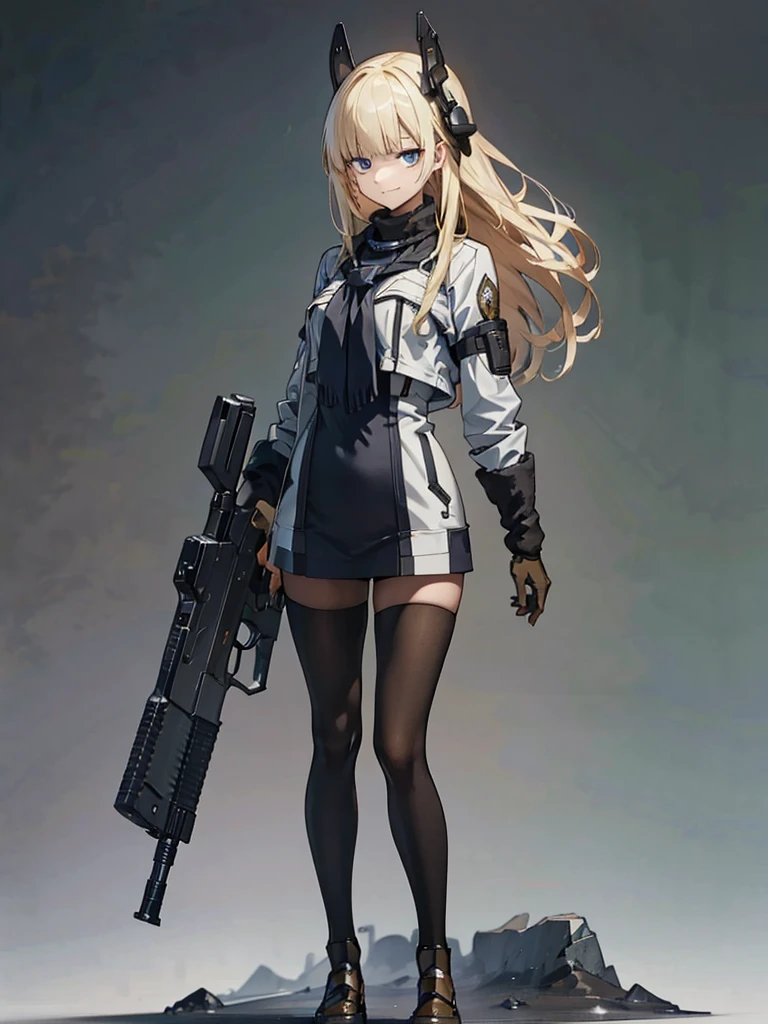 holding_gun, assault_rifle, Very detailed, Anime Style, whole body, alone, Stylish Gunfighter Girl, Holding a steampunk long barrel pistol,Standing in the wasteland, 8K high resolution, White Background, In the spotlight, The background is a dark and desolate landscape, Horror movie atmosphere. Her figure is very beautiful, Emphasizing the dark and crazy elements. Skillfully expressing the effects of light and shadow,