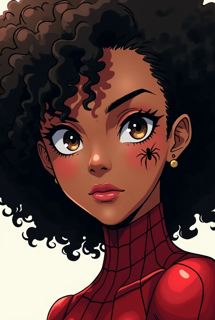 Spider-woman from the movie Spider-Man with afro features, drawing of just her face with a small spider tattoo on her face showing off her hair with anime-style eyeliner 