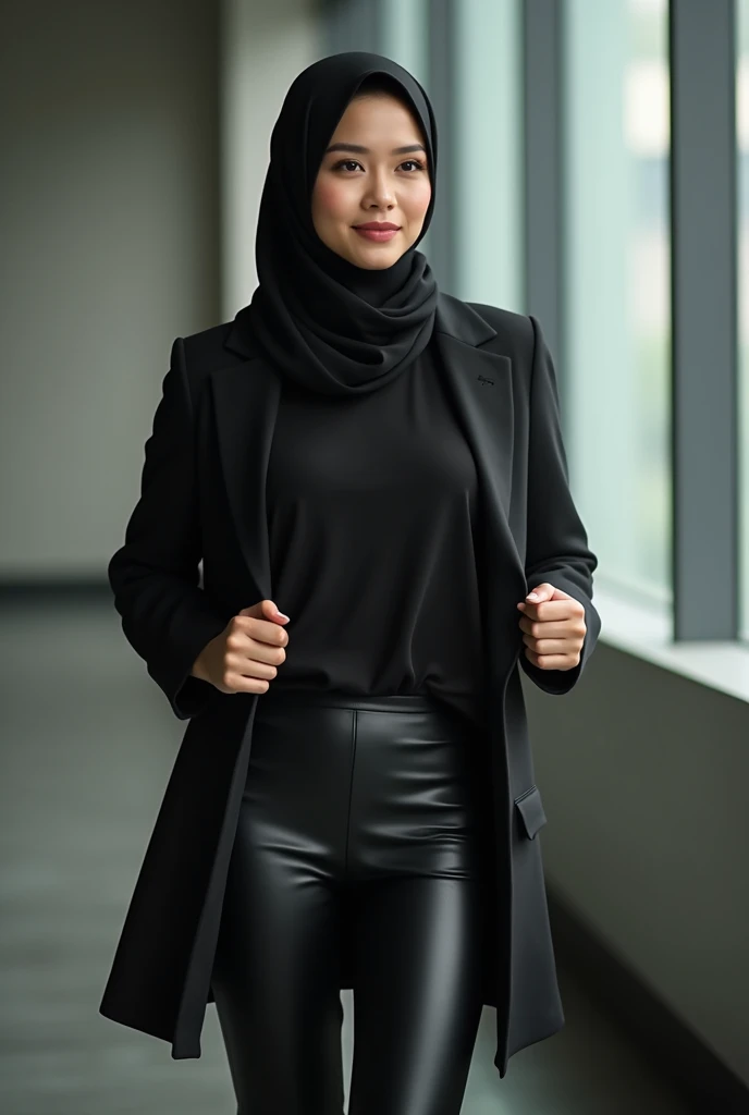 30 years Old, Hijab Indonesian mature woman, Extra Large : 146.9, leather leggings , Slim body, Breast about To burst out, at office office, Dark light, at Daytime