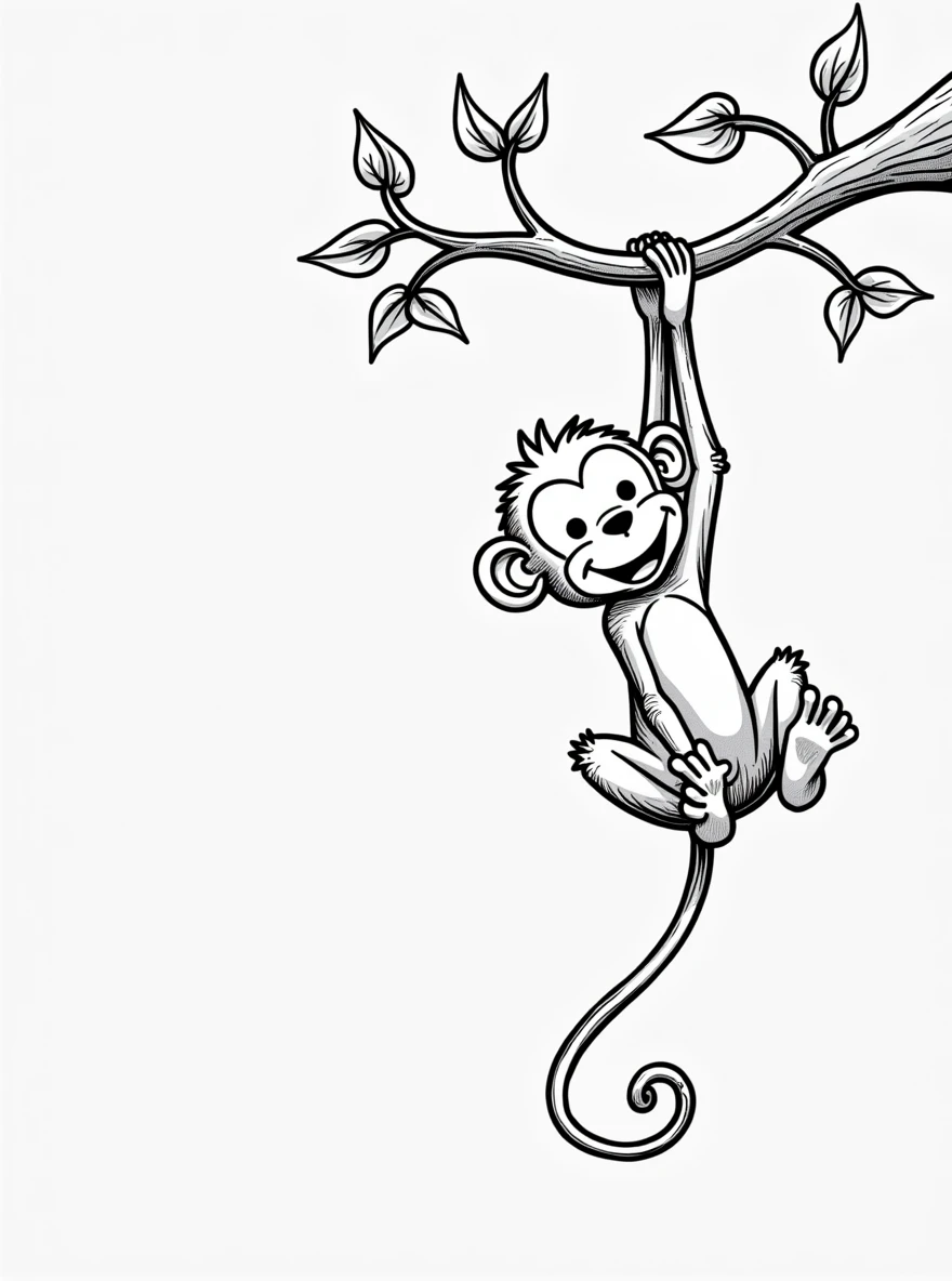 The illustration should be in [SUPER SIMPLE], black and white, cold line art with a clear, mostly empty background. [INCLUDES ONLY OUTLINES WITH NO FILLED IN BLACK AREAS], ensuring no shading, no complex images, and making it very easy to color in between the lines. A  monkey with a long tail, hanging from a single vine with a playful grin.