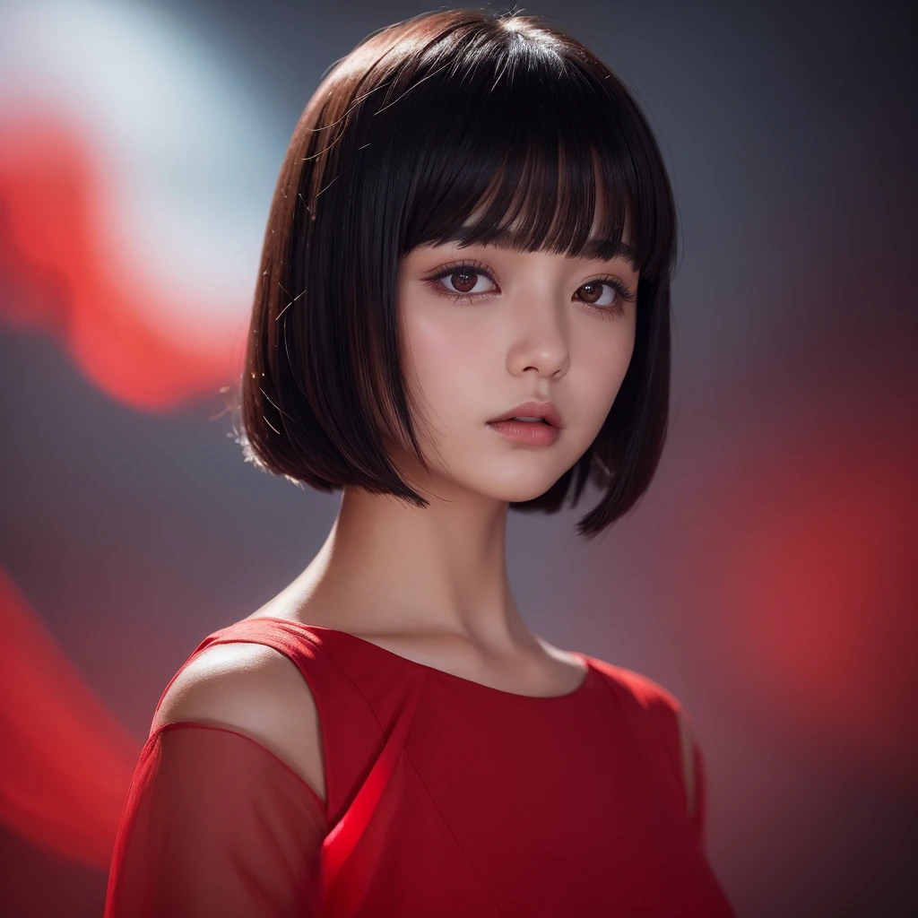 Delicate and dainty young woman with shiny bob-cut black hair . She is wearing bright red. The background is a fantastic and ethereal night sky that seems to be haunted by a specter. Her expression is stern and atmospheric. Angle from directly below. face closeup