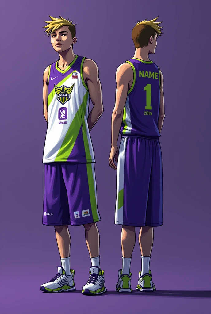 To design a basketball uniform using this logo of the San Josemaría Escrivá Educational Unit, I suggest the following:
### 1. **colors principales:**
- **purple and white:** Use purple as the main color, since it is predominant in the logo, and white as a secondary color to contrast. You can use white for numbers, names and details.
- **green:** Consider green as an accent color, perhaps on the side lines or the edges of the uniform.
### 2. **upper part (Jersey):**
- **frontal:** Place the logo in the center or on the left side of the chest. Below the logo, you can add the team or school name in a simple and readable style.
- **back:** The numbers can go on the back with a large and clear size, using white or purple depending on the background. The player's name can go above the number, also in white.
### 3. **Bottom (Shorts):**
- **colors:** Use purple as the base color, with details in white or green. You can include the logo on one of the sides of the shorts or on the bottom.
- **Details:** Consider adding a line or pattern on the sides of the shorts in green, to give it a distinctive touch.
Eye-catching designs as written