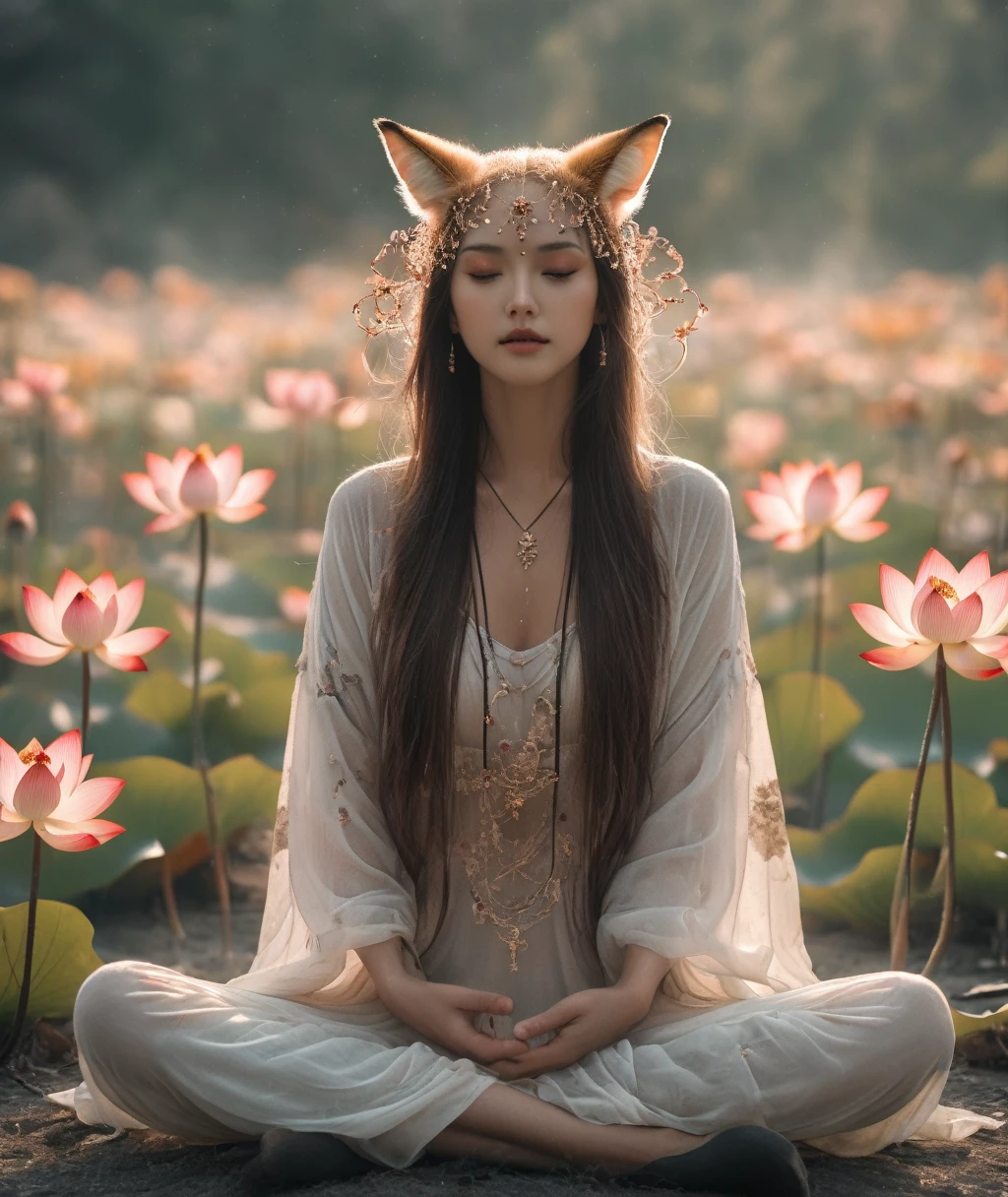 Lotus pose girl full body photography,Anatomically correct,Raw, Filming, (Be focused:1.5), (Reality:1.4), Dusk lighting, Volumetric Lighting, Ultra-high resolution, 16K,Dramatic Lighting, White background:1.5)(tangled,Mandala,dispute,Entanglement:0.7)Fox Demon,Fox Mask,short jacket, Foxfire Curse, fox family, Transformation, Depth of Field, Dreamy atmosphere, The most beautiful chaos, grace, Brutalist Design Dark Theme, Flower of Death, Flowers of ecstasy,Glowing Line,Glow Example,Tracking Example,flash, Backlight,translucent,Light Particles,HILL,exit