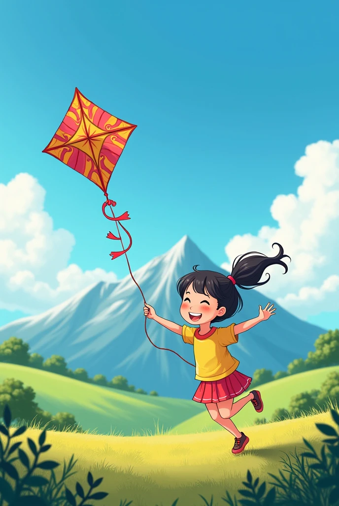 A girl flying colourful kite in a small mountain
In 2d is it to draw