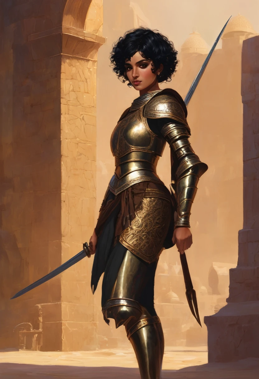 Arabian girl, short black curly Hair, in bronce armour, grimly