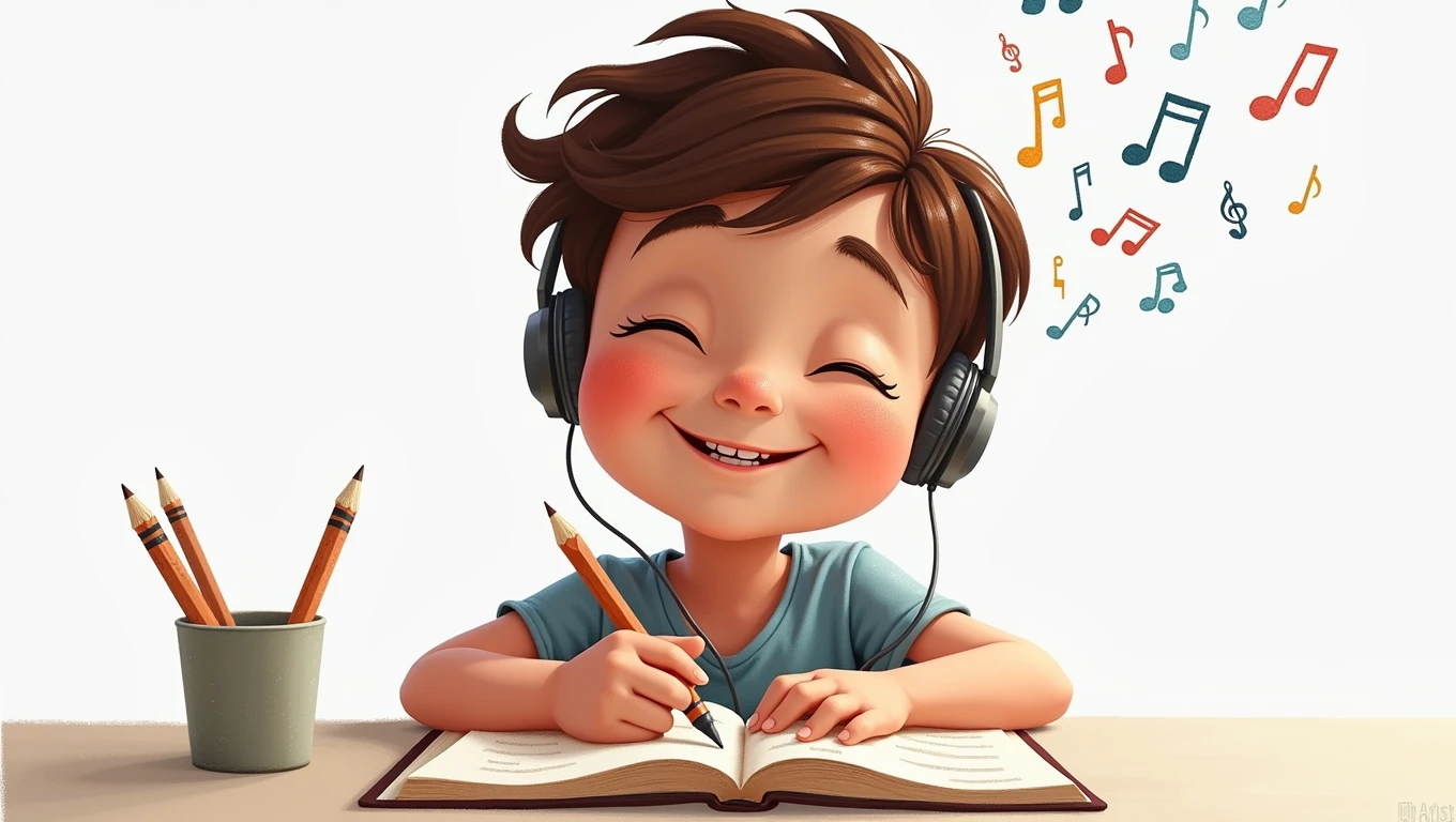 Create an illustrated character with pastel crayon technique, of a child listening to music with headphones, happy with eyes closed. Above his head there are colored musical notes. Let the strokes be organic, imperfect as if a human had made them. Make the contour lines of the drawing as fine and thin as possible..