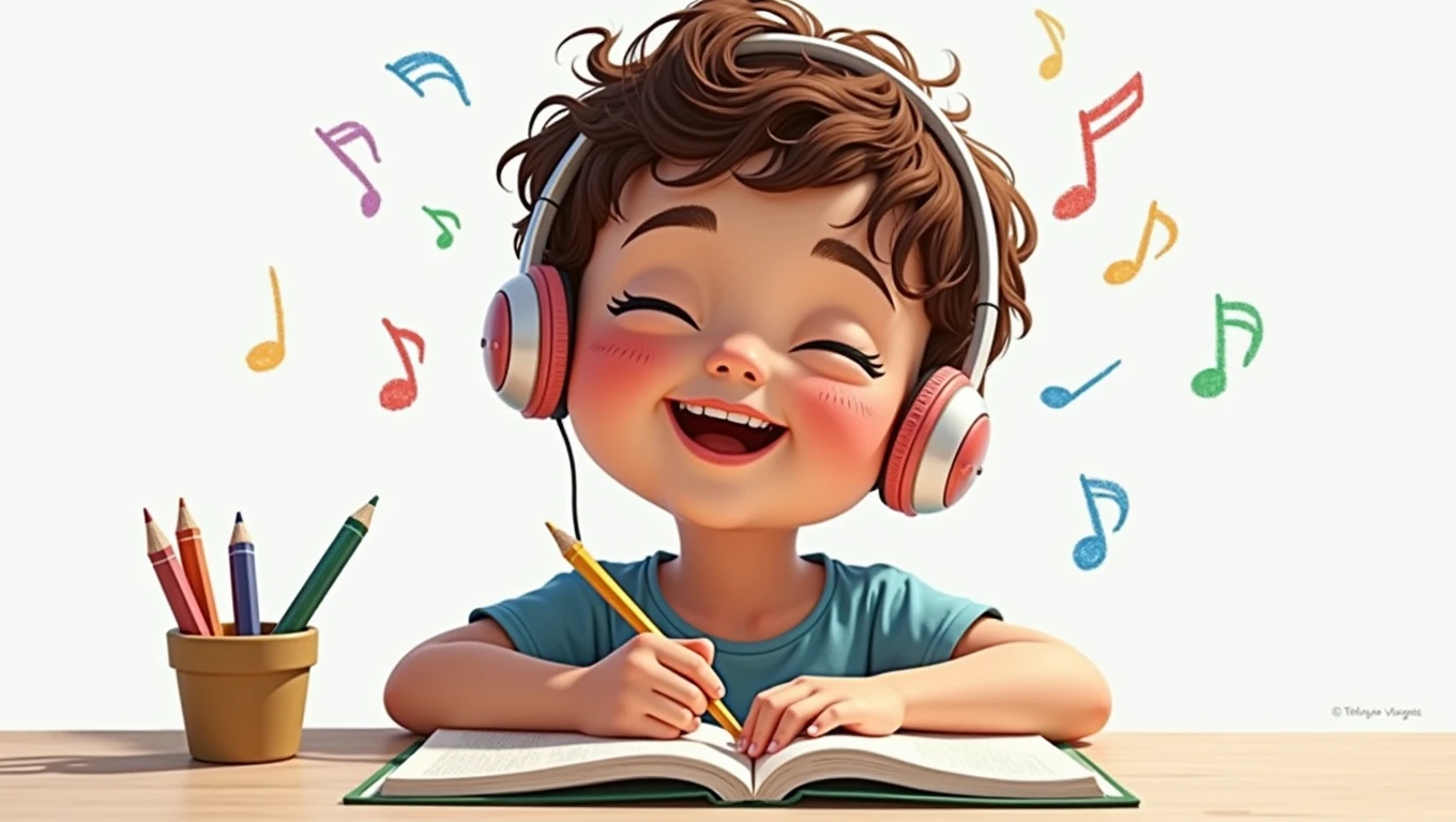 Create an illustrated character with pastel crayon technique, of a listening to music with headphones, happy with eyes closed. Above his head there are colored musical notes. Let the strokes be organic, imperfect as if a human had made them. Make the contour lines of the drawing as fine and thin as possible..
