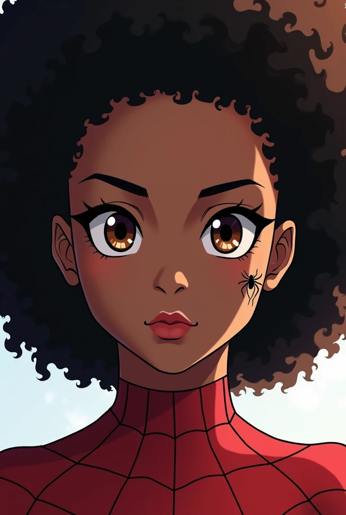 Spider-woman from the movie Spider-Man with afro features, drawing of just her face with a small spider tattoo on her face showing off her hair with anime-style eyeliner
