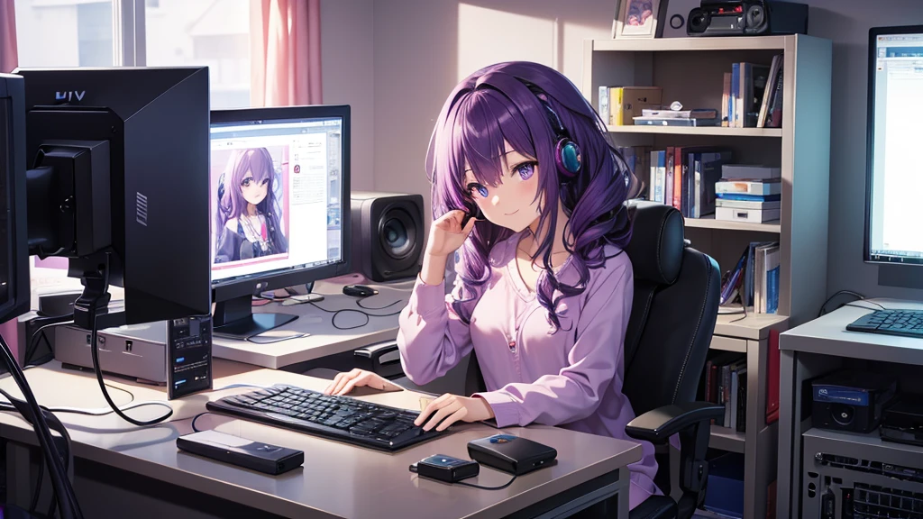 (UHD, textured skin, high details, best quality, highres, 1080P, 4K),purple hair, headphones, aqua eyes, purple eyes, light smile, hime cut, curly hair, anime, anime style,Working on a computer,The dog is sleeping.,She's sitting at her desk.I'm in my pajamas, working on my computer in my room.