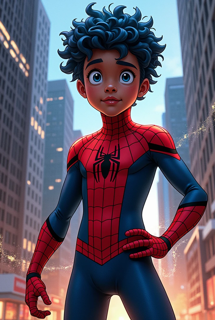 Create a Marvel comic book character, 6 boy, skin black, eyes black, very curly blue and short hair, dressed in the black Spider-Man costume Miles Morales, releasing cobwebs through your hands, full body and in the background buildings and villains