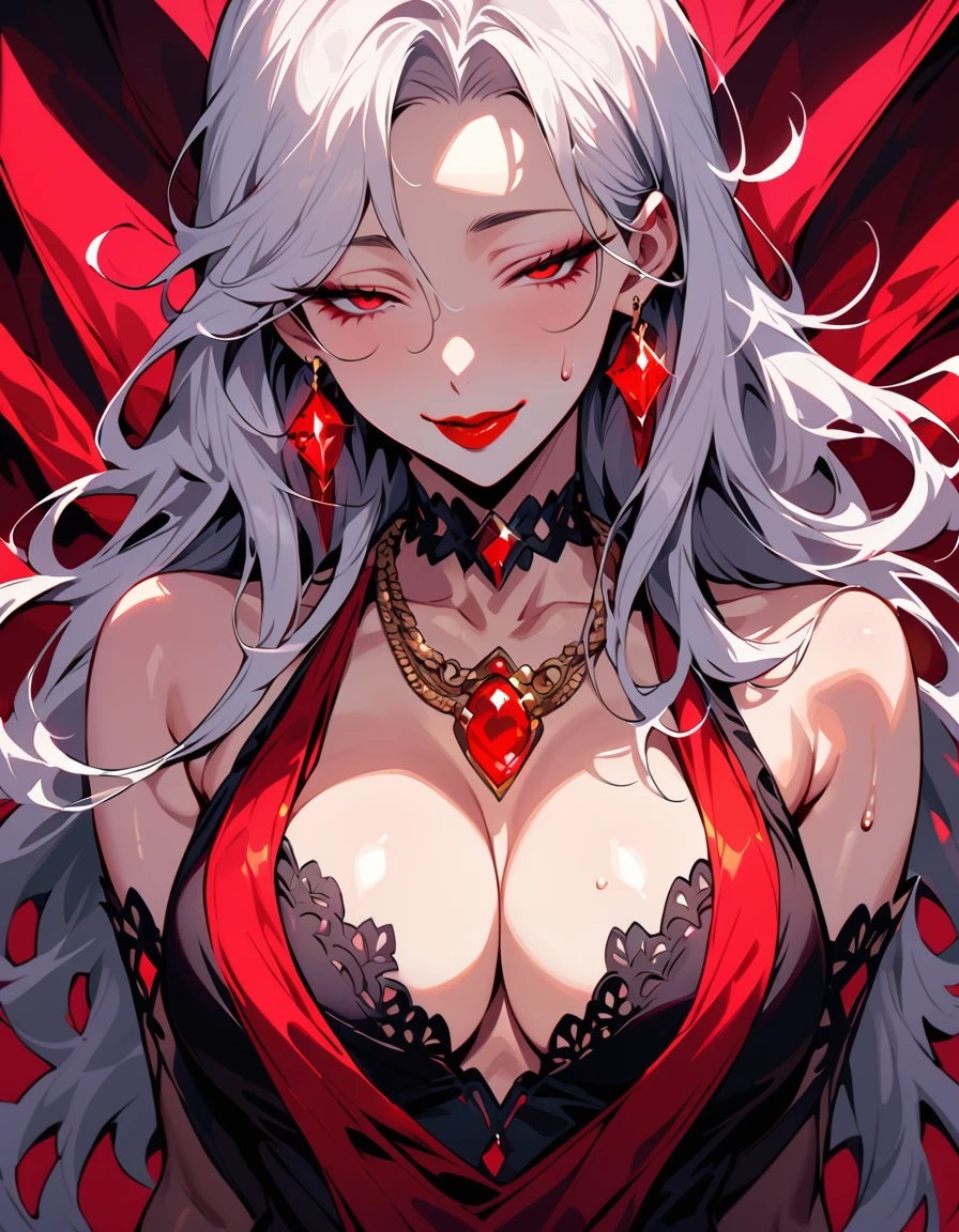 ((Masterpiece, super high definition, ultra high definition, 8K picture quality)), 1 beautiful woman, (((shining silver hair))), (((bangs bangs))) (heart shaped eyes) (((shining clear red eyes))), ((very long eyelashes)) (orgasms) (((red sequined micro bikini))), (((red thong))), (((very big breasts, skinny body))), (((charming smile))), (((sexy pose))), (((cute earrings, bangles, bracelet, rings))),
