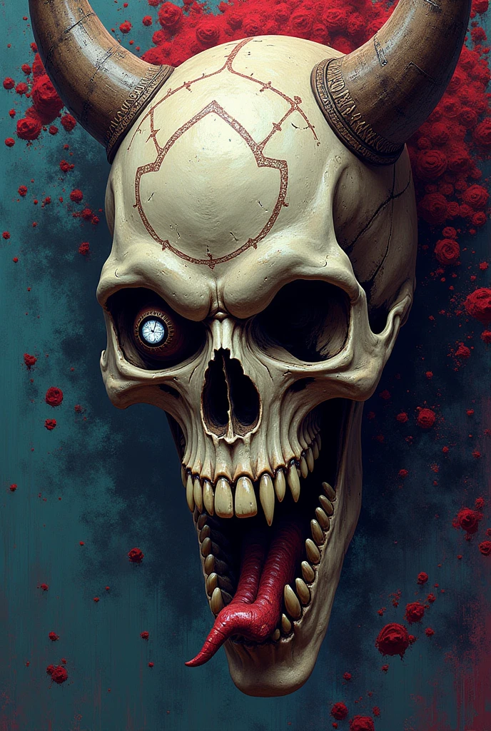 a closeup of a skull with a furious eye,Wolf Estilo Yoji Shinkawa,Viking symbols, Impacting skull, dentes quebrados, fantasy skull, arte detalhada colorida assustadora, arte colorida assustadora 8k, sacred skull, Psychedelic background conjuration, arte digital detalhada, textura, sacred skulls , psychedelic illustration, textured skull, aspecto, super detalhado, skull face, death skull, arte colorida assustadora, psychedelic art style